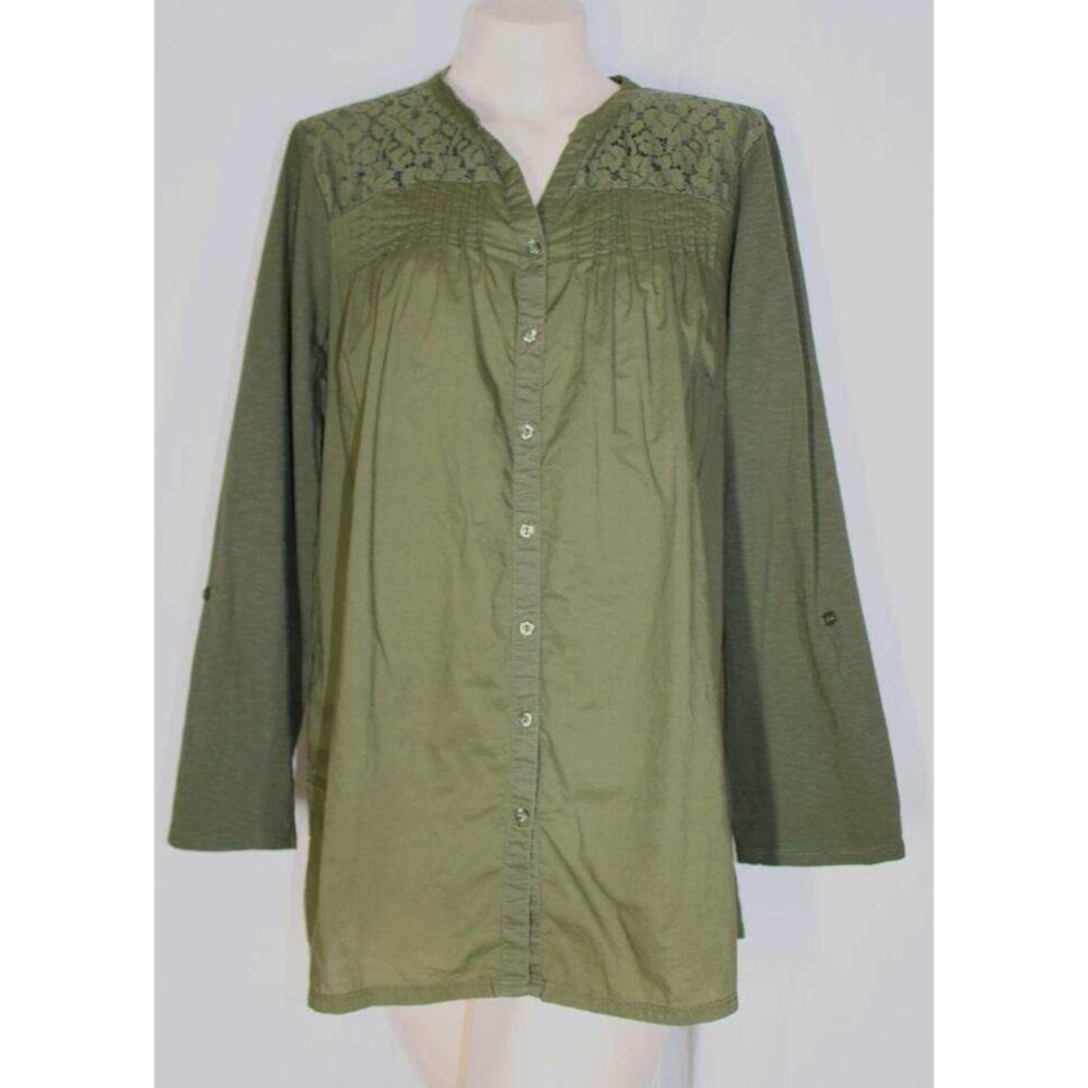 Coldwater Creek 16 XL Olive Green Button Front Lace Front Yoke Gathered Top